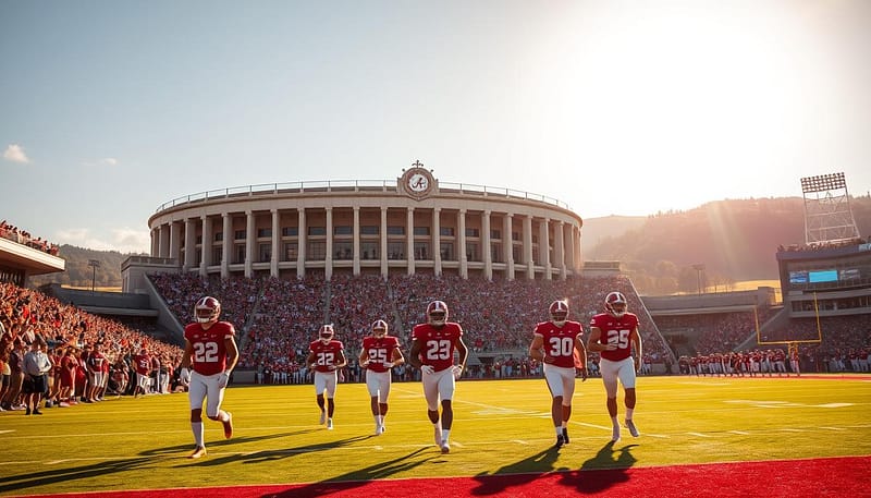 A grand, majestic stadium nestled in the heart of Tuscaloosa, Alabama, bathed in warm, golden sunlight. The iconic Rose Bowl stands tall, its historic facade adorned with intricate architectural details. In the foreground, a group of determined Alabama football players, clad in their crimson and white uniforms, stride purposefully onto the field, ready to etch their names into the storied legacy of the Crimson Tide. The crowd, a sea of passionate fans, roars with anticipation, creating an electric atmosphere that crackles with the promise of victory. In the background, the rolling hills and lush greenery of the Alabama countryside provide a picturesque backdrop, a testament to the deep-rooted traditions and unwavering spirit of this college football powerhouse. A grand, majestic stadium nestled in the heart of Tuscaloosa, Alabama, bathed in warm, golden sunlight. The iconic Rose Bowl stands tall, its historic facade adorned with intricate architectural details. In the foreground, a group of determined Alabama football players, clad in their crimson and white uniforms, stride purposefully onto the field, ready to etch their names into the storied legacy of the Crimson Tide. The crowd, a sea of passionate fans, roars with anticipation, creating an electric atmosphere that crackles with the promise of victory. In the background, the rolling hills and lush greenery of the Alabama countryside provide a picturesque backdrop, a testament to the deep-rooted traditions and unwavering spirit of this college football powerhouse.