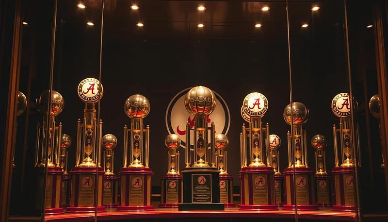 A grand, ornate trophy case stands prominently in the foreground, its polished glass shelves showcasing an impressive array of NCAA SEC basketball championship trophies won by the Alabama Crimson Tide over the years. The trophies glisten under warm, focused lighting, casting subtle shadows that add depth and drama to the scene. In the middle ground, the university's crimson and white team colors are reflected in the trophy case's trim, hinting at the rich heritage and passionate fanbase behind these accolades. The background fades into a shadowy, reverent atmosphere, allowing the trophies to take center stage and command the viewer's attention, a testament to Alabama's basketball dominance in the Southeastern Conference. A grand, ornate trophy case stands prominently in the foreground, its polished glass shelves showcasing an impressive array of NCAA SEC basketball championship trophies won by the Alabama Crimson Tide over the years. The trophies glisten under warm, focused lighting, casting subtle shadows that add depth and drama to the scene. In the middle ground, the university's crimson and white team colors are reflected in the trophy case's trim, hinting at the rich heritage and passionate fanbase behind these accolades. The background fades into a shadowy, reverent atmosphere, allowing the trophies to take center stage and command the viewer's attention, a testament to Alabama's basketball dominance in the Southeastern Conference.