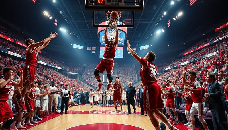 A grand, sweeping panorama of the Alabama Crimson Tide's storied NCAA tournament runs, captured with cinematic flair. In the foreground, players in crimson uniforms soar through the air, muscles straining as they go for the decisive dunk or block. The middle ground is a blur of motion, teammates celebrating hard-fought victories, coaches pacing the sidelines with determined expressions. In the background, the packed stands of iconic arenas rise up, a sea of crimson and white jerseys and faces lost in the ecstasy of tournament glory. Dramatic lighting casts long shadows, heightening the drama and tension of these high-stakes moments. The overall mood is one of unbridled passion, grit, and the thrill of March Madness. A grand, sweeping panorama of the Alabama Crimson Tide's storied NCAA tournament runs, captured with cinematic flair. In the foreground, players in crimson uniforms soar through the air, muscles straining as they go for the decisive dunk or block. The middle ground is a blur of motion, teammates celebrating hard-fought victories, coaches pacing the sidelines with determined expressions. In the background, the packed stands of iconic arenas rise up, a sea of crimson and white jerseys and faces lost in the ecstasy of tournament glory. Dramatic lighting casts long shadows, heightening the drama and tension of these high-stakes moments. The overall mood is one of unbridled passion, grit, and the thrill of March Madness.