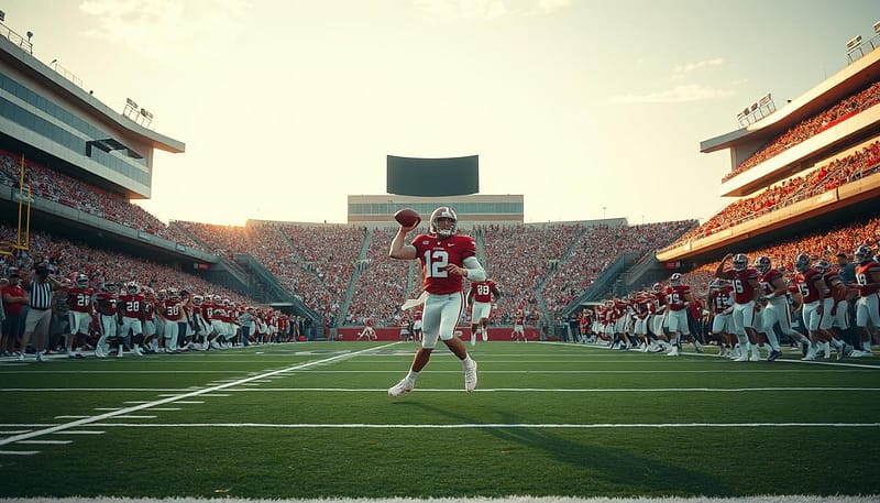 A gridiron stadium bathed in golden afternoon light, the air electric with anticipation. On the field, a quarterback in a crimson jersey evades defenders, his movements fluid and decisive. Around him, a supporting cast of offensive stars - receivers stretching for acrobatic catches, linemen providing stalwart protection. In the stands, a sea of cheering fans, their crimson and white colors a vibrant tapestry. This is the clutch, legendary performance of Alabama football, where champions are forged and legends are born. Immortalized through the lens of a high-resolution camera, a testament to the Crimson Tide's enduring dominance. A gridiron stadium bathed in golden afternoon light, the air electric with anticipation. On the field, a quarterback in a crimson jersey evades defenders, his movements fluid and decisive. Around him, a supporting cast of offensive stars - receivers stretching for acrobatic catches, linemen providing stalwart protection. In the stands, a sea of cheering fans, their crimson and white colors a vibrant tapestry. This is the clutch, legendary performance of Alabama football, where champions are forged and legends are born. Immortalized through the lens of a high-resolution camera, a testament to the Crimson Tide's enduring dominance.