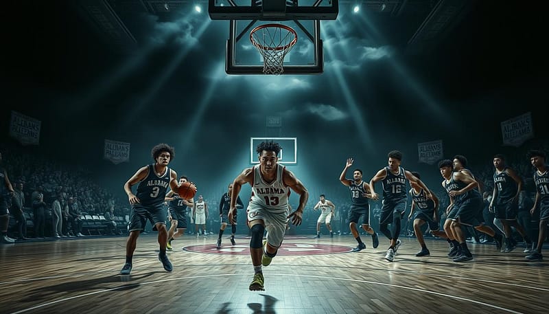 A gritty, underdog basketball court set against a dramatic, stormy sky. In the foreground, a determined Alabama player drives to the hoop, their jersey weathered and worn. Teammates rally around, faces etched with determination. Mid-court, the opposing team presses aggressively, creating a sense of tension and urgency. The dimly lit arena casts long shadows, adding depth and a cinematic quality. Beams of light pierce through the gloom, illuminating the players' faces and the court's texture. This image captures the resilience, teamwork, and against-all-odds spirit of Alabama's historic Sweet 16 and Elite 8 runs. A gritty, underdog basketball court set against a dramatic, stormy sky. In the foreground, a determined Alabama player drives to the hoop, their jersey weathered and worn. Teammates rally around, faces etched with determination. Mid-court, the opposing team presses aggressively, creating a sense of tension and urgency. The dimly lit arena casts long shadows, adding depth and a cinematic quality. Beams of light pierce through the gloom, illuminating the players' faces and the court's texture. This image captures the resilience, teamwork, and against-all-odds spirit of Alabama's historic Sweet 16 and Elite 8 runs.