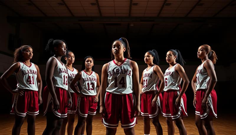 A group of Alabama basketball players, defensive trailblazers, stand tall and proud in a dimly lit gym. Their uniforms are crisp, their expressions determined, as they assume their positions on the court. Backlighting creates dramatic shadows, highlighting their athleticism and focus. The camera captures their movements in a series of dynamic, overlapping frames, conveying the intensity and speed of their game. The overall tone is one of reverence and respect for these pioneering women who paved the way for future generations of stars. A group of Alabama basketball players, defensive trailblazers, stand tall and proud in a dimly lit gym. Their uniforms are crisp, their expressions determined, as they assume their positions on the court. Backlighting creates dramatic shadows, highlighting their athleticism and focus. The camera captures their movements in a series of dynamic, overlapping frames, conveying the intensity and speed of their game. The overall tone is one of reverence and respect for these pioneering women who paved the way for future generations of stars.