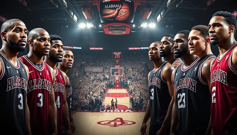 A group of NBA basketball players in a stylized, dynamic composition. In the foreground, several prominent former Alabama Crimson Tide players in their professional uniforms, capturing their athleticism and skill. In the middle ground, a basketball court with the Alabama logo prominently displayed, surrounded by a crowd of cheering fans. In the background, a dimly lit arena with dramatic lighting, creating an atmosphere of energy and excitement. The image should convey the pride and success of Alabama's basketball program and its influential NBA alumni. A group of NBA basketball players in a stylized, dynamic composition. In the foreground, several prominent former Alabama Crimson Tide players in their professional uniforms, capturing their athleticism and skill. In the middle ground, a basketball court with the Alabama logo prominently displayed, surrounded by a crowd of cheering fans. In the background, a dimly lit arena with dramatic lighting, creating an atmosphere of energy and excitement. The image should convey the pride and success of Alabama's basketball program and its influential NBA alumni.