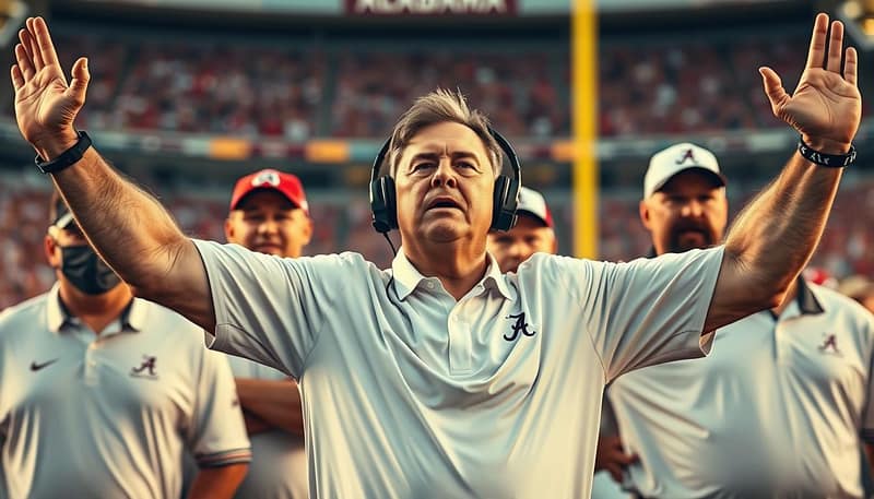 A group of championship-winning Alabama football coaches, captured in a candid, behind-the-scenes moment. The foreground features the head coach, his arms raised in a triumphant gesture, his expression one of intense focus and determination. The middle ground showcases the assistant coaches, each with their own unique stance and mannerisms, reflecting the camaraderie and collaborative spirit of the team. The background is a blurred, iconic Alabama stadium, hinting at the storied history and tradition of the program. The lighting is warm and golden, evoking a sense of pride and accomplishment. The overall mood is one of celebration, with the coaches embodying the resilience and grit that have defined Alabama's winning legacy. A group of championship-winning Alabama football coaches, captured in a candid, behind-the-scenes moment. The foreground features the head coach, his arms raised in a triumphant gesture, his expression one of intense focus and determination. The middle ground showcases the assistant coaches, each with their own unique stance and mannerisms, reflecting the camaraderie and collaborative spirit of the team. The background is a blurred, iconic Alabama stadium, hinting at the storied history and tradition of the program. The lighting is warm and golden, evoking a sense of pride and accomplishment. The overall mood is one of celebration, with the coaches embodying the resilience and grit that have defined Alabama's winning legacy.