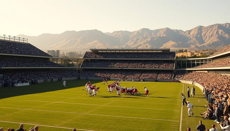 A historic 1926 Rose Bowl scene unfolds before us. The field is lush and verdant, bathed in the warm glow of a California sun. In the foreground, two teams clash in a fierce gridiron battle, their uniforms crisp and pristine. In the stands, a sea of spectators, their excitement palpable, capture this pivotal moment in college football history. The towering San Gabriel Mountains loom in the distance, adding a majestic backdrop to this seminal event that would forever change the landscape of Southern football. Wide-angle lens, cinematic lighting, and a sense of timeless grandeur transport us to the heart of this pivotal 1926 Rose Bowl game. A historic 1926 Rose Bowl scene unfolds before us. The field is lush and verdant, bathed in the warm glow of a California sun. In the foreground, two teams clash in a fierce gridiron battle, their uniforms crisp and pristine. In the stands, a sea of spectators, their excitement palpable, capture this pivotal moment in college football history. The towering San Gabriel Mountains loom in the distance, adding a majestic backdrop to this seminal event that would forever change the landscape of Southern football. Wide-angle lens, cinematic lighting, and a sense of timeless grandeur transport us to the heart of this pivotal 1926 Rose Bowl game.