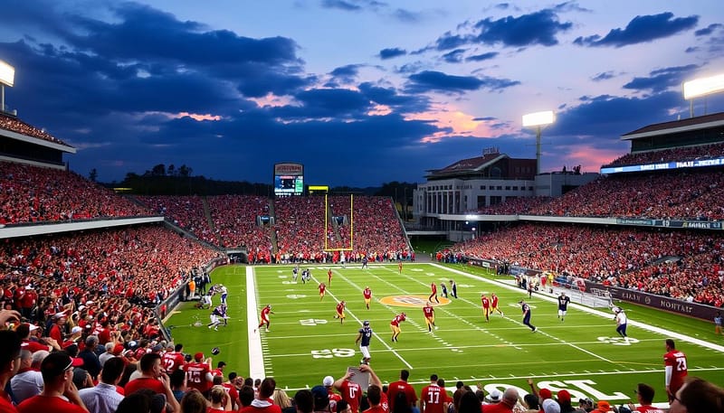 A lively crowd fills the stands, their faces alight with excitement as they cheer on their beloved teams. The field is a blur of action, with players in crimson and purple uniforms battling for possession, the intensity palpable. Floodlights cast a warm glow over the scene, highlighting the drama unfolding beneath a twilight sky. In the distance, the iconic Tiger Stadium and Bryant-Denny Stadium loom, their architectural grandeur a testament to the rich history and tradition of these storied programs. This is the essence of the Iron Bowl, where legends are forged and passions ignite in the crucible of college football's greatest rivalries. A lively crowd fills the stands, their faces alight with excitement as they cheer on their beloved teams. The field is a blur of action, with players in crimson and purple uniforms battling for possession, the intensity palpable. Floodlights cast a warm glow over the scene, highlighting the drama unfolding beneath a twilight sky. In the distance, the iconic Tiger Stadium and Bryant-Denny Stadium loom, their architectural grandeur a testament to the rich history and tradition of these storied programs. This is the essence of the Iron Bowl, where legends are forged and passions ignite in the crucible of college football's greatest rivalries.
