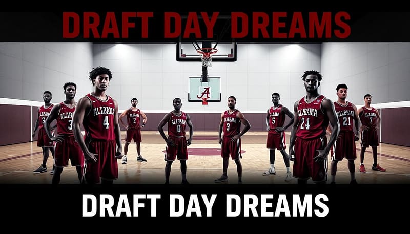 A stylish, high-contrast image showcasing the promising NBA draft prospects from the University of Alabama. In the foreground, a group of elite college basketball players stand confidently, their muscular frames and determined expressions hinting at their professional ambitions. In the middle ground, a sleek, modern basketball court provides the setting, with dynamic camera angles and dramatic lighting heightening the sense of tension and anticipation. In the background, the iconic Alabama crimson and white team colors frame the scene, evoking the school's rich basketball heritage and the pride of their loyal fanbase. The overall tone is one of raw talent, unbridled potential, and the thrill of the NBA draft, capturing the essence of "Draft Day Dreams" for these rising stars. A stylish, high-contrast image showcasing the promising NBA draft prospects from the University of Alabama. In the foreground, a group of elite college basketball players stand confidently, their muscular frames and determined expressions hinting at their professional ambitions. In the middle ground, a sleek, modern basketball court provides the setting, with dynamic camera angles and dramatic lighting heightening the sense of tension and anticipation. In the background, the iconic Alabama crimson and white team colors frame the scene, evoking the school's rich basketball heritage and the pride of their loyal fanbase. The overall tone is one of raw talent, unbridled potential, and the thrill of the NBA draft, capturing the essence of "Draft Day Dreams" for these rising stars.