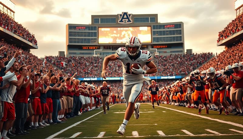 A thrilling football moment captured in dramatic fashion - the "Kick Six" play of the 2013 Iron Bowl between Alabama and Auburn. In the foreground, a player in an Auburn uniform sprints triumphantly with the football, having just returned a missed field goal for a game-winning touchdown. Swirling around him, a crowd of cheering fans in the stadium's stands, their faces a mix of elation and disbelief. The middle ground features the kicker and his teammates from Alabama, their expressions ones of utter shock and dejection. The background showcases the iconic Jordan-Hare Stadium, its grand architecture and scoreboard towering over the epic scene, bathed in the warm glow of stadium lights and a setting autumn sun. The overall atmosphere is one of sheer, palpable excitement and history in the making. A thrilling football moment captured in dramatic fashion - the "Kick Six" play of the 2013 Iron Bowl between Alabama and Auburn. In the foreground, a player in an Auburn uniform sprints triumphantly with the football, having just returned a missed field goal for a game-winning touchdown. Swirling around him, a crowd of cheering fans in the stadium's stands, their faces a mix of elation and disbelief. The middle ground features the kicker and his teammates from Alabama, their expressions ones of utter shock and dejection. The background showcases the iconic Jordan-Hare Stadium, its grand architecture and scoreboard towering over the epic scene, bathed in the warm glow of stadium lights and a setting autumn sun. The overall atmosphere is one of sheer, palpable excitement and history in the making.