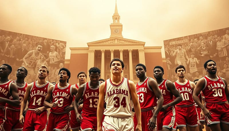 A timeless snapshot of Alabama basketball's storied history. In the foreground, a dynamic lineup of legendary players in classic crimson uniforms, captured in an intense moment of gameplay. In the middle ground, the iconic Coleman Coliseum looms, its architecture a testament to the program's enduring legacy. The background features sepia-toned images of past championship teams and iconic moments, creating a sense of nostalgic reverence. Soft, warm lighting bathes the scene, evoking the timeless allure of the Crimson Tide's basketball heritage. A cinematic wide-angle lens provides a sweeping, immersive view, placing the viewer at the heart of this historic tableau. A timeless snapshot of Alabama basketball's storied history. In the foreground, a dynamic lineup of legendary players in classic crimson uniforms, captured in an intense moment of gameplay. In the middle ground, the iconic Coleman Coliseum looms, its architecture a testament to the program's enduring legacy. The background features sepia-toned images of past championship teams and iconic moments, creating a sense of nostalgic reverence. Soft, warm lighting bathes the scene, evoking the timeless allure of the Crimson Tide's basketball heritage. A cinematic wide-angle lens provides a sweeping, immersive view, placing the viewer at the heart of this historic tableau.