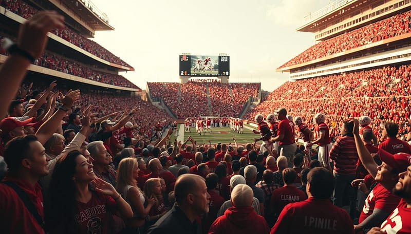 A vibrant and nostalgic scene of Alabama Crimson Tide football memories. In the foreground, a sea of crimson-clad fans cheering passionately, their faces alight with excitement. In the middle ground, the iconic crimson and white uniforms of the Tide players, frozen in moments of triumph on the field. In the background, the towering stadium stands and scoreboard, casting a warm glow over the entire scene. The lighting is soft and golden, capturing the timeless spirit of Alabama football. The camera angle is slightly elevated, giving a panoramic view that immerses the viewer in the electric atmosphere of game day. An image that evokes the cherished memories and unwavering loyalty of every true Alabama Crimson Tide fan. A vibrant and nostalgic scene of Alabama Crimson Tide football memories. In the foreground, a sea of crimson-clad fans cheering passionately, their faces alight with excitement. In the middle ground, the iconic crimson and white uniforms of the Tide players, frozen in moments of triumph on the field. In the background, the towering stadium stands and scoreboard, casting a warm glow over the entire scene. The lighting is soft and golden, capturing the timeless spirit of Alabama football. The camera angle is slightly elevated, giving a panoramic view that immerses the viewer in the electric atmosphere of game day. An image that evokes the cherished memories and unwavering loyalty of every true Alabama Crimson Tide fan.
