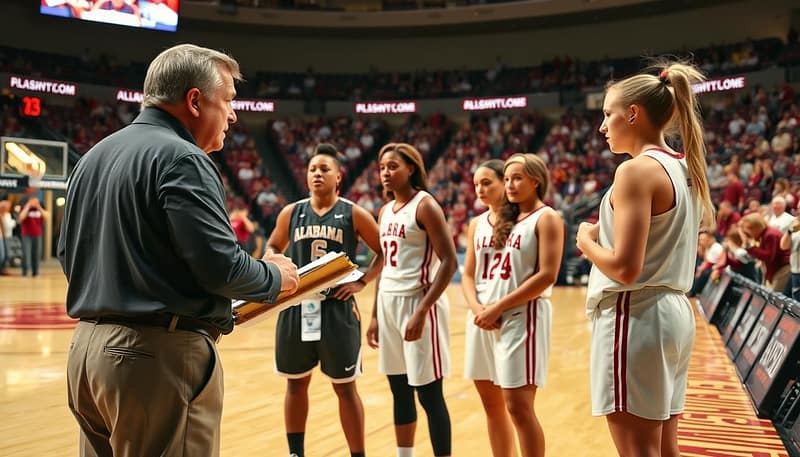 A well-lit basketball court with Alabama coaches strategizing on the sidelines. In the foreground, two coaches stand intently, gesturing and discussing plays on a clipboard. The middle ground features players listening attentively, their faces reflecting focus and determination. In the background, the arena is filled with cheering fans, creating an atmosphere of energy and intensity. Soft natural lighting casts a warm glow, highlighting the coaches' expressions and the players' determination. The overall scene conveys a sense of leadership, teamwork, and the passion that drives Alabama's women's basketball program. A well-lit basketball court with Alabama coaches strategizing on the sidelines. In the foreground, two coaches stand intently, gesturing and discussing plays on a clipboard. The middle ground features players listening attentively, their faces reflecting focus and determination. In the background, the arena is filled with cheering fans, creating an atmosphere of energy and intensity. Soft natural lighting casts a warm glow, highlighting the coaches' expressions and the players' determination. The overall scene conveys a sense of leadership, teamwork, and the passion that drives Alabama's women's basketball program.