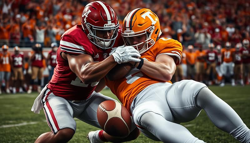 A close-up image of two college football players, one in crimson red and the other in orange and white, locked in an intense, physical moment on a grassy field. The players' faces are determined, their muscles straining as they grapple for the ball, surrounded by a crowd of cheering fans in the background. The lighting is dramatic, with deep shadows and highlights accentuating the players' movements. The camera angle is low, capturing the energy and drama of the rivalry game. The overall mood is one of fierce competition and historic significance, reflecting the long-standing clash between the Alabama Crimson Tide and Tennessee Volunteers. A close-up image of two college football players, one in crimson red and the other in orange and white, locked in an intense, physical moment on a grassy field. The players' faces are determined, their muscles straining as they grapple for the ball, surrounded by a crowd of cheering fans in the background. The lighting is dramatic, with deep shadows and highlights accentuating the players' movements. The camera angle is low, capturing the energy and drama of the rivalry game. The overall mood is one of fierce competition and historic significance, reflecting the long-standing clash between the Alabama Crimson Tide and Tennessee Volunteers.