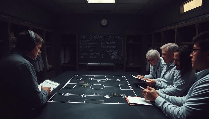 A dimly lit locker room, the air thick with anticipation. On a chalkboard, a complex play diagram unfolds, meticulously planned by Alabama's championship-winning coaching staff. Gathered around the table, the team's leaders study the strategy, their faces a study in intense concentration. Clipboards in hand, the coaches discuss each player's role, their voices hushed yet authoritative. The room's ambiance is one of unwavering focus, a collective determination to unlock the secrets of victory. Soft natural light filters in through the locker room's windows, casting a warm glow on the scene. The overall atmosphere conveys the gravity of the moment, the weight of Alabama's storied legacy pressing down on the room's occupants as they prepare to write the next chapter. A dimly lit locker room, the air thick with anticipation. On a chalkboard, a complex play diagram unfolds, meticulously planned by Alabama's championship-winning coaching staff. Gathered around the table, the team's leaders study the strategy, their faces a study in intense concentration. Clipboards in hand, the coaches discuss each player's role, their voices hushed yet authoritative. The room's ambiance is one of unwavering focus, a collective determination to unlock the secrets of victory. Soft natural light filters in through the locker room's windows, casting a warm glow on the scene. The overall atmosphere conveys the gravity of the moment, the weight of Alabama's storied legacy pressing down on the room's occupants as they prepare to write the next chapter.