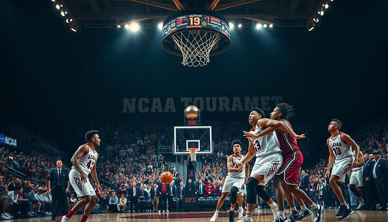 A dramatic basketball court at night, lit by dramatic stadium lighting. In the foreground, a group of Alabama basketball players in their uniforms, mid-game, their expressions intense as they compete for the ball. In the middle ground, the silhouettes of cheering fans filling the stands, their excitement palpable. In the background, the faint outlines of the NCAA tournament trophy and banners, hinting at Alabama's proud history of success in the Big Dance. The atmosphere is electric, capturing the thrill and tension of Alabama's NCAA tournament runs - their triumphs and heartbreaks throughout the years. A dramatic basketball court at night, lit by dramatic stadium lighting. In the foreground, a group of Alabama basketball players in their uniforms, mid-game, their expressions intense as they compete for the ball. In the middle ground, the silhouettes of cheering fans filling the stands, their excitement palpable. In the background, the faint outlines of the NCAA tournament trophy and banners, hinting at Alabama's proud history of success in the Big Dance. The atmosphere is electric, capturing the thrill and tension of Alabama's NCAA tournament runs - their triumphs and heartbreaks throughout the years.