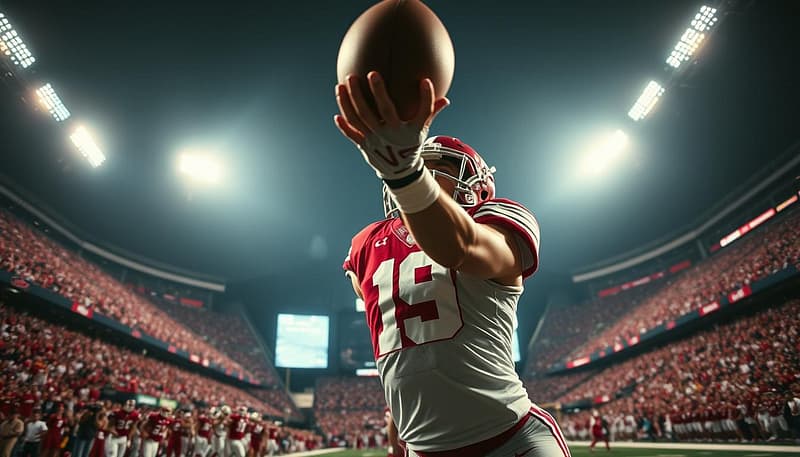 A dramatic gridiron scene unfolds, as a Crimson Tide receiver stretches out, their fingertips grasping the game-winning touchdown pass against a backdrop of a packed stadium. Bright stadium lights cast a cinematic glow, illuminating the intense focus and triumph on the player's face. Swirling crowds and the team's iconic crimson and white uniforms create a palpable sense of excitement and victory. Captured from a low angle, the image conveys the thrill and significance of a decisive, last-second play that will be etched into Alabama football lore. A dramatic gridiron scene unfolds, as a Crimson Tide receiver stretches out, their fingertips grasping the game-winning touchdown pass against a backdrop of a packed stadium. Bright stadium lights cast a cinematic glow, illuminating the intense focus and triumph on the player's face. Swirling crowds and the team's iconic crimson and white uniforms create a palpable sense of excitement and victory. Captured from a low angle, the image conveys the thrill and significance of a decisive, last-second play that will be etched into Alabama football lore.