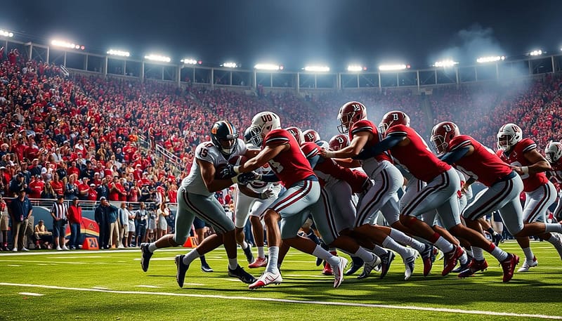 A fiercely contested American football rivalry, the Iron Bowl between the University of Alabama Crimson Tide and Auburn University Tigers rages with unparalleled intensity. Set against a backdrop of a packed stadium, capture the electric atmosphere as the two teams clash on the gridiron. Thunderous cheers from ardent fans in crimson and orange reverberate through the air, creating a palpable tension. Dramatic lighting casts long shadows, emphasizing the muscular forms of the players as they collide with earth-shaking force. The camera's wide angle showcases the grandeur of the event, while tight shots highlight the determined expressions and grit etched on the faces of the athletes. Convey the high stakes, unwavering passion, and sheer drama of this legendary clash. A fiercely contested American football rivalry, the Iron Bowl between the University of Alabama Crimson Tide and Auburn University Tigers rages with unparalleled intensity. Set against a backdrop of a packed stadium, capture the electric atmosphere as the two teams clash on the gridiron. Thunderous cheers from ardent fans in crimson and orange reverberate through the air, creating a palpable tension. Dramatic lighting casts long shadows, emphasizing the muscular forms of the players as they collide with earth-shaking force. The camera's wide angle showcases the grandeur of the event, while tight shots highlight the determined expressions and grit etched on the faces of the athletes. Convey the high stakes, unwavering passion, and sheer drama of this legendary clash.