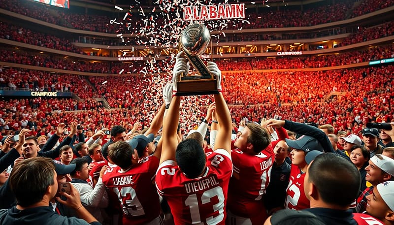 A grand stadium filled with roaring fans, the Crimson Tide players triumphantly holding aloft the glimmering national championship trophy. The foreground captures the intense emotion and celebration, players hoisting the trophy high as confetti rains down. In the middle ground, coaches and staff embrace, sharing in the thrill of victory. The background reveals the packed bleachers, the crowd's exuberant faces illuminated by the warm, golden stadium lighting. The scene conveys the sheer magnitude of Alabama's gridiron dominance, a powerful testament to their legendary status in college football. A grand stadium filled with roaring fans, the Crimson Tide players triumphantly holding aloft the glimmering national championship trophy. The foreground captures the intense emotion and celebration, players hoisting the trophy high as confetti rains down. In the middle ground, coaches and staff embrace, sharing in the thrill of victory. The background reveals the packed bleachers, the crowd's exuberant faces illuminated by the warm, golden stadium lighting. The scene conveys the sheer magnitude of Alabama's gridiron dominance, a powerful testament to their legendary status in college football.