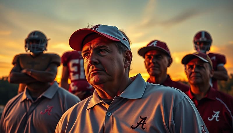 A serene autumn evening in Tuscumbia, Alabama. Against the backdrop of a dreamy sunset, the iconic figures of Alabama championship coaches stand tall, their intense gazes conveying the determination that propelled the Crimson Tide to glory. In the foreground, the legendary Nick Saban, his steely eyes fixed on the horizon, embodying the transformative spirit that elevated Alabama's football program to unprecedented heights. Surrounding him, the ghostly silhouettes of his predecessors - Bear Bryant, Gene Stallings, and others - their presence a testament to the rich tapestry of Alabama's storied coaching legacy. The scene is bathed in a warm, golden light, capturing the sense of legacy and unwavering commitment that defines the Saban era. A serene autumn evening in Tuscumbia, Alabama. Against the backdrop of a dreamy sunset, the iconic figures of Alabama championship coaches stand tall, their intense gazes conveying the determination that propelled the Crimson Tide to glory. In the foreground, the legendary Nick Saban, his steely eyes fixed on the horizon, embodying the transformative spirit that elevated Alabama's football program to unprecedented heights. Surrounding him, the ghostly silhouettes of his predecessors - Bear Bryant, Gene Stallings, and others - their presence a testament to the rich tapestry of Alabama's storied coaching legacy. The scene is bathed in a warm, golden light, capturing the sense of legacy and unwavering commitment that defines the Saban era.