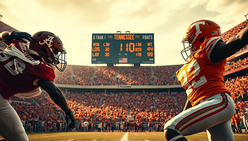 An epic gridiron clash between the Alabama Crimson Tide and Tennessee Volunteers, capturing the essence of their storied "Third Saturday in October" rivalry. In the foreground, two helmeted players charge towards each other, their jerseys billowing in the wind. The middle ground features a scoreboard displaying the teams' historic win-loss records, showcasing their alternating streaks of dominance. The background depicts a packed stadium, the stands filled with die-hard fans in crimson and orange, their cheers echoing through the autumn air. Dramatic lighting casts dramatic shadows, heightening the intensity of the moment. Capture the passion, the history, and the relentless battle for supremacy in this iconic college football matchup. An epic gridiron clash between the Alabama Crimson Tide and Tennessee Volunteers, capturing the essence of their storied "Third Saturday in October" rivalry. In the foreground, two helmeted players charge towards each other, their jerseys billowing in the wind. The middle ground features a scoreboard displaying the teams' historic win-loss records, showcasing their alternating streaks of dominance. The background depicts a packed stadium, the stands filled with die-hard fans in crimson and orange, their cheers echoing through the autumn air. Dramatic lighting casts dramatic shadows, heightening the intensity of the moment. Capture the passion, the history, and the relentless battle for supremacy in this iconic college football matchup.