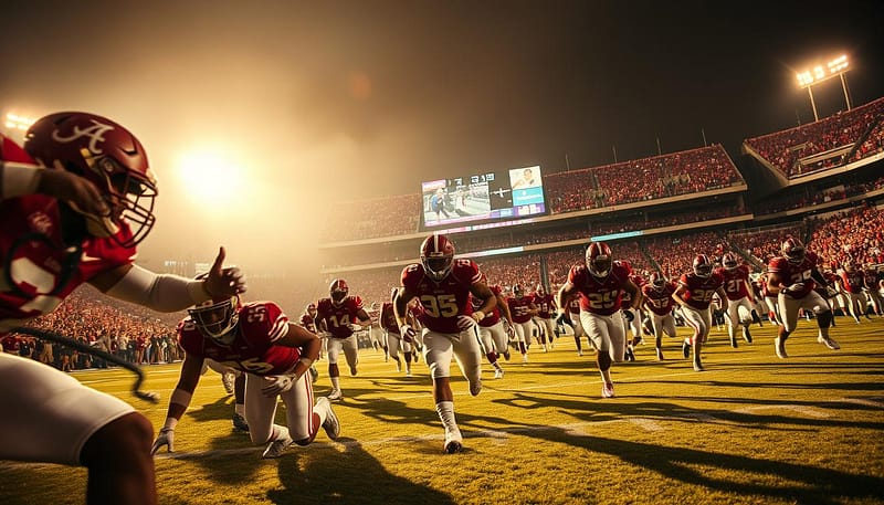 A dramatic gridiron scene unfolds, capturing the intensity of an Alabama football comeback. In the foreground, players in crimson jerseys surge forward, determination etched on their faces as they fight to overcome a daunting deficit. The middle ground showcases the packed stadium, fans on the edge of their seats, their expressions a mix of excitement and anticipation. In the background, the scoreboard flashes the narrowing gap, building the suspense of a nail-biting finale. Warm, golden lighting bathes the scene, heightening the sense of urgency and the gravity of the moment. Wide-angle lens captures the panoramic drama, conveying the enormity of the comeback and the unwavering spirit of the Crimson Tide. A dramatic gridiron scene unfolds, capturing the intensity of an Alabama football comeback. In the foreground, players in crimson jerseys surge forward, determination etched on their faces as they fight to overcome a daunting deficit. The middle ground showcases the packed stadium, fans on the edge of their seats, their expressions a mix of excitement and anticipation. In the background, the scoreboard flashes the narrowing gap, building the suspense of a nail-biting finale. Warm, golden lighting bathes the scene, heightening the sense of urgency and the gravity of the moment. Wide-angle lens captures the panoramic drama, conveying the enormity of the comeback and the unwavering spirit of the Crimson Tide.