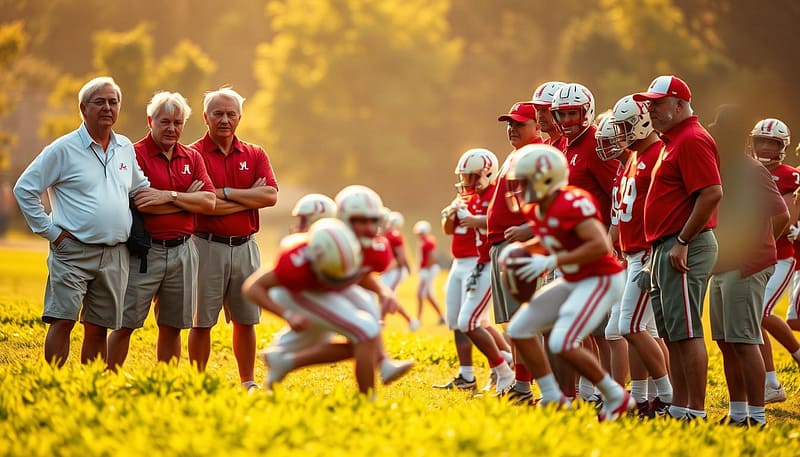 A group of determined Alabama coaches standing proudly, their weathered faces reflecting years of hard-won victories and underdog triumphs. In the foreground, they survey a lush, verdant field, the midday sun casting a warm, golden glow. In the middle ground, players in crimson and white jerseys engage in a spirited scrimmage, their movements captured in a dynamic, cinematic blur. The background fades into a dreamlike haze, hinting at the storied history and countless stories of perseverance that have defined Alabama's gridiron and hardwood legacy. A group of determined Alabama coaches standing proudly, their weathered faces reflecting years of hard-won victories and underdog triumphs. In the foreground, they survey a lush, verdant field, the midday sun casting a warm, golden glow. In the middle ground, players in crimson and white jerseys engage in a spirited scrimmage, their movements captured in a dynamic, cinematic blur. The background fades into a dreamlike haze, hinting at the storied history and countless stories of perseverance that have defined Alabama's gridiron and hardwood legacy.