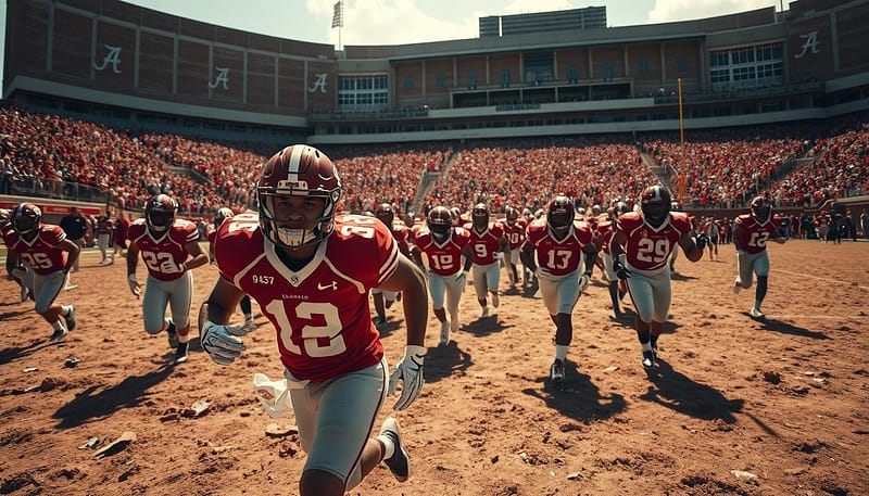 A rugged, sun-dappled field stretches out, dotted with the determined figures of Alabama football players, their jerseys bearing the iconic Crimson Tide logo. In the foreground, a player breaks free from the pack, his eyes narrowed in fierce focus, capturing the unwavering spirit of the underdog. The middle ground reveals a loyal crowd, their faces alight with hope and pride, as they cheer on their team's improbable ascent. In the distance, the weathered, time-honored walls of Bryant-Denny Stadium stand as a testament to the legacy of Alabama's underdog triumphs, casting a warm, nostalgic glow over the scene. Captured through a wide-angle lens, this image embodies the unwavering determination and unshakable resolve that define the "Roll Tide Underdogs." A rugged, sun-dappled field stretches out, dotted with the determined figures of Alabama football players, their jerseys bearing the iconic Crimson Tide logo. In the foreground, a player breaks free from the pack, his eyes narrowed in fierce focus, capturing the unwavering spirit of the underdog. The middle ground reveals a loyal crowd, their faces alight with hope and pride, as they cheer on their team's improbable ascent. In the distance, the weathered, time-honored walls of Bryant-Denny Stadium stand as a testament to the legacy of Alabama's underdog triumphs, casting a warm, nostalgic glow over the scene. Captured through a wide-angle lens, this image embodies the unwavering determination and unshakable resolve that define the "Roll Tide Underdogs."
