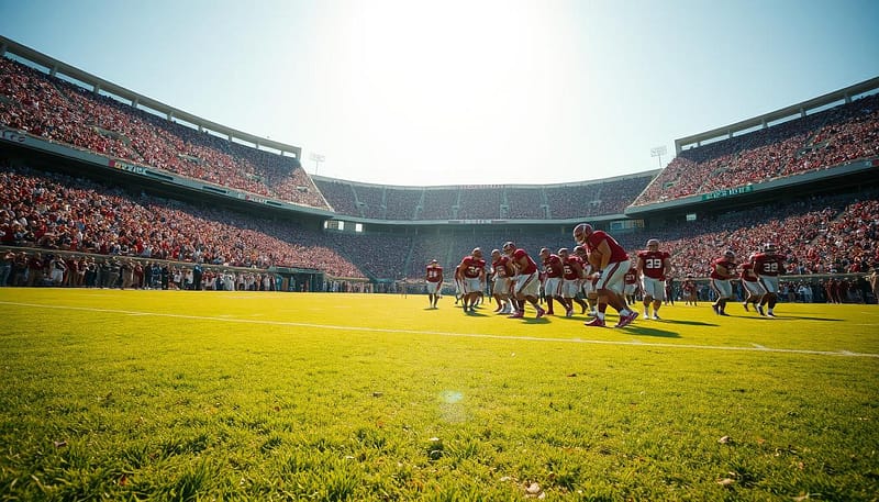 A sun-dappled football field, the grassy turf dotted with the scuffs and scrapes of epic battles. In the foreground, a group of players in crimson and white uniforms, caught in a moment of intensity, their faces etched with determination. The stands loom in the background, filled with a sea of cheering fans, their colors blending into a vibrant tapestry. Captured through a wide-angle lens, the scene exudes the raw energy and passion of Alabama football, a forgotten classic that deserves to be remembered. A sun-dappled football field, the grassy turf dotted with the scuffs and scrapes of epic battles. In the foreground, a group of players in crimson and white uniforms, caught in a moment of intensity, their faces etched with determination. The stands loom in the background, filled with a sea of cheering fans, their colors blending into a vibrant tapestry. Captured through a wide-angle lens, the scene exudes the raw energy and passion of Alabama football, a forgotten classic that deserves to be remembered.