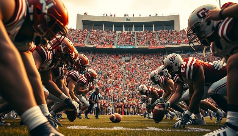 A tense, dramatic scene unfolds on the gridiron, as two rival teams clash in the historic Iron Bowl. The foreground captures the intensity of the moment, with players locked in fierce competition, their expressions etched with determination. In the middle ground, the stadium erupts in a sea of cheering fans, their colors and banners creating a vibrant, pulsating atmosphere. The background showcases the grandeur of the arena, its towering stands and iconic architecture framing the action. Warm, golden lighting casts a sense of urgency, while the low-angle perspective heightens the drama, putting the viewer at the heart of the nail-biting finish. A tense, dramatic scene unfolds on the gridiron, as two rival teams clash in the historic Iron Bowl. The foreground captures the intensity of the moment, with players locked in fierce competition, their expressions etched with determination. In the middle ground, the stadium erupts in a sea of cheering fans, their colors and banners creating a vibrant, pulsating atmosphere. The background showcases the grandeur of the arena, its towering stands and iconic architecture framing the action. Warm, golden lighting casts a sense of urgency, while the low-angle perspective heightens the drama, putting the viewer at the heart of the nail-biting finish.
