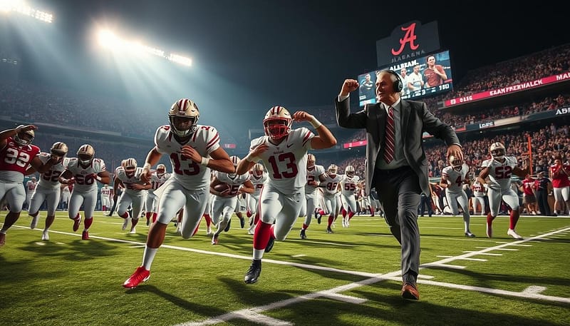 A thrilling football stadium under dramatic lighting, Alabama players charging forward against overwhelming odds, determination etched on their faces. In the foreground, a star quarterback weaves through defenders, the pigskin clutched tightly as he seeks the game-winning touchdown. In the middle ground, an inspirational coach rallies his team, fists pumped high, rallying the underdogs to defy expectations. The background captures the electric atmosphere, fans on the edge of their seats, the scoreboard showing a narrow Alabama lead in the final seconds. Capture the spirit of Alabama's greatest "nobody believed" comeback moments, a testament to the team's unwavering resilience and unshakable will to win. A thrilling football stadium under dramatic lighting, Alabama players charging forward against overwhelming odds, determination etched on their faces. In the foreground, a star quarterback weaves through defenders, the pigskin clutched tightly as he seeks the game-winning touchdown. In the middle ground, an inspirational coach rallies his team, fists pumped high, rallying the underdogs to defy expectations. The background captures the electric atmosphere, fans on the edge of their seats, the scoreboard showing a narrow Alabama lead in the final seconds. Capture the spirit of Alabama's greatest "nobody believed" comeback moments, a testament to the team's unwavering resilience and unshakable will to win.