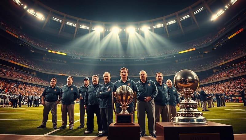 A grand stadium, its towering arches casting a majestic shadow over the field below. On the sidelines, a group of coaches, their faces etched with determination, stand united in their pursuit of SEC championship glory. In the foreground, a trophy case glistens, showcasing the hard-earned accolades of their legacy. The lighting is warm and cinematic, highlighting the gravitas of the moment. The composition is balanced, with the coaches in the middle ground, surrounded by the architectural grandeur of the stadium and the trophy display. The atmosphere conveys a sense of tradition, excellence, and the relentless drive that has defined the SEC's most successful coaching tenures. A grand stadium, its towering arches casting a majestic shadow over the field below. On the sidelines, a group of coaches, their faces etched with determination, stand united in their pursuit of SEC championship glory. In the foreground, a trophy case glistens, showcasing the hard-earned accolades of their legacy. The lighting is warm and cinematic, highlighting the gravitas of the moment. The composition is balanced, with the coaches in the middle ground, surrounded by the architectural grandeur of the stadium and the trophy display. The atmosphere conveys a sense of tradition, excellence, and the relentless drive that has defined the SEC's most successful coaching tenures.