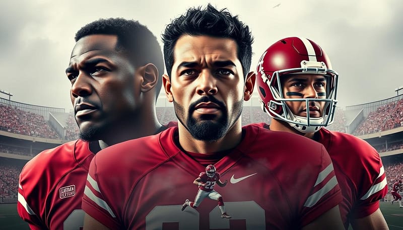 A striking portrait of Alabama's SEC standout players, captured in a dynamic, cinematic style. In the foreground, larger-than-life figures of legendary Crimson Tide athletes dominate the frame, their expressions intense and determined. Layered behind them, a collage of action shots showcases their incredible skill and athleticism on the field - powerful runs, acrobatic catches, and bone-crunching tackles. The background is a hazy, almost dreamlike rendering of the storied Bryant-Denny Stadium, its towering stands and iconic façade evoking the grandeur and tradition of Alabama football. Dramatic lighting casts dramatic shadows, heightening the sense of drama and spectacle. The overall mood is one of awe and reverence, capturing the enduring legacy of these gridiron heroes. A striking portrait of Alabama's SEC standout players, captured in a dynamic, cinematic style. In the foreground, larger-than-life figures of legendary Crimson Tide athletes dominate the frame, their expressions intense and determined. Layered behind them, a collage of action shots showcases their incredible skill and athleticism on the field - powerful runs, acrobatic catches, and bone-crunching tackles. The background is a hazy, almost dreamlike rendering of the storied Bryant-Denny Stadium, its towering stands and iconic façade evoking the grandeur and tradition of Alabama football. Dramatic lighting casts dramatic shadows, heightening the sense of drama and spectacle. The overall mood is one of awe and reverence, capturing the enduring legacy of these gridiron heroes.