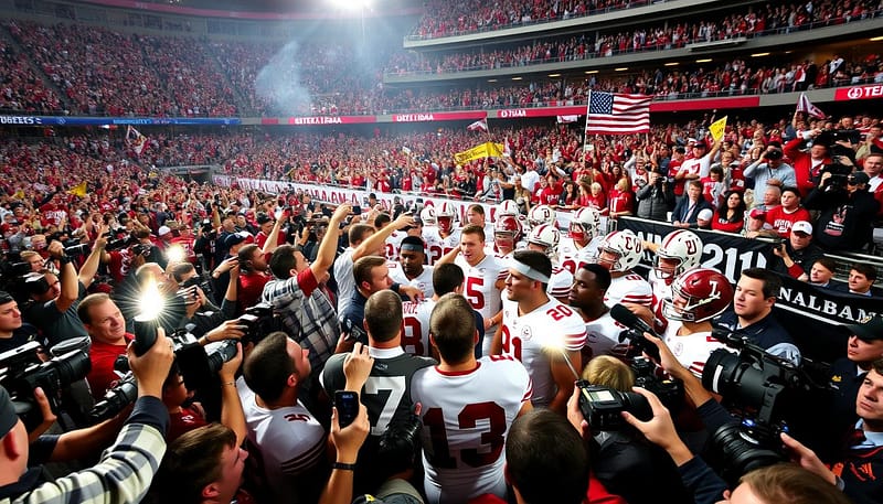 A bustling media scrum surrounds an undefeated Alabama football team, capturing the electric atmosphere with high-energy, dynamic camera angles. Reporters brandish microphones and cameras, jockeying for position to capture the players' triumphant expressions. Flashbulbs pop, illuminating the scene in bursts of light. The players, clad in their crimson and white uniforms, stand tall and proud, radiating an aura of invincibility. In the background, a packed stadium roars with adulation, the stands filled with a sea of jubilant fans waving banners and flags. The resulting image conveys the overwhelming media attention and fervent fan support that surrounds an undefeated Alabama team, cementing their legendary status. A bustling media scrum surrounds an undefeated Alabama football team, capturing the electric atmosphere with high-energy, dynamic camera angles. Reporters brandish microphones and cameras, jockeying for position to capture the players' triumphant expressions. Flashbulbs pop, illuminating the scene in bursts of light. The players, clad in their crimson and white uniforms, stand tall and proud, radiating an aura of invincibility. In the background, a packed stadium roars with adulation, the stands filled with a sea of jubilant fans waving banners and flags. The resulting image conveys the overwhelming media attention and fervent fan support that surrounds an undefeated Alabama team, cementing their legendary status.