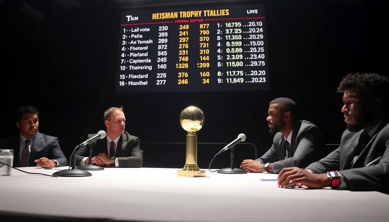 A dimly lit conference room, the air thick with anticipation as Heisman Trophy finalists await the results. The table is adorned with microphones and a lone trophy, casting a soft glow. Behind the finalists, a large screen displays the live vote tallies, the numbers flickering and changing with each new update. The faces of the hopeful athletes are etched with a mix of determination and nervous energy, their bodies leaning forward, hanging on every word. The scene is charged with the weight of a decision that will shape their legacies, the Heisman Trophy serving as the ultimate symbol of college football's highest honor. A dimly lit conference room, the air thick with anticipation as Heisman Trophy finalists await the results. The table is adorned with microphones and a lone trophy, casting a soft glow. Behind the finalists, a large screen displays the live vote tallies, the numbers flickering and changing with each new update. The faces of the hopeful athletes are etched with a mix of determination and nervous energy, their bodies leaning forward, hanging on every word. The scene is charged with the weight of a decision that will shape their legacies, the Heisman Trophy serving as the ultimate symbol of college football's highest honor.