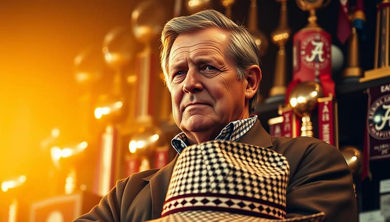 A distinguished coach stands amidst a trophy-laden backdrop, his weathered face etched with the wisdom of countless victories. Warm, golden light bathes the scene, evoking a sense of timeless tradition and unwavering determination. In the foreground, the legendary "Bear" Bryant's iconic houndstooth hat sits prominently, a symbol of the championship culture he cultivated at the University of Alabama. In the middle ground, gleaming trophies and championship banners fill the space, a testament to the team's unparalleled success. The background fades into a soft, dreamlike blur, leaving the viewer to bask in the aura of excellence that defined Bryant's tenure and the enduring legacy of Alabama football. A distinguished coach stands amidst a trophy-laden backdrop, his weathered face etched with the wisdom of countless victories. Warm, golden light bathes the scene, evoking a sense of timeless tradition and unwavering determination. In the foreground, the legendary "Bear" Bryant's iconic houndstooth hat sits prominently, a symbol of the championship culture he cultivated at the University of Alabama. In the middle ground, gleaming trophies and championship banners fill the space, a testament to the team's unparalleled success. The background fades into a soft, dreamlike blur, leaving the viewer to bask in the aura of excellence that defined Bryant's tenure and the enduring legacy of Alabama football.