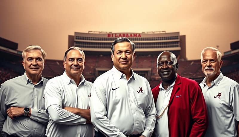 A group of esteemed Alabama basketball coaches, captured in an elegant portrait. In the foreground, the head coaches stand tall and proud, their expressions exuding confidence and determination. The middle ground features their assistant coaches, providing a sense of unity and collaborative spirit. In the background, the iconic Bryant-Denny Stadium looms, a symbolic representation of the university's rich sports heritage. Soft, warm lighting illuminates the scene, creating a sense of reverence and pride. The composition is balanced, with each coach's distinctive features and accomplishments highlighted, conveying the depth of talent and experience that has shaped the Crimson Tide's basketball legacy. A group of esteemed Alabama basketball coaches, captured in an elegant portrait. In the foreground, the head coaches stand tall and proud, their expressions exuding confidence and determination. The middle ground features their assistant coaches, providing a sense of unity and collaborative spirit. In the background, the iconic Bryant-Denny Stadium looms, a symbolic representation of the university's rich sports heritage. Soft, warm lighting illuminates the scene, creating a sense of reverence and pride. The composition is balanced, with each coach's distinctive features and accomplishments highlighted, conveying the depth of talent and experience that has shaped the Crimson Tide's basketball legacy.