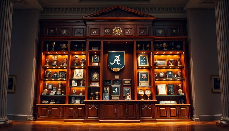 A large wooden cabinet prominently displayed in a grand hall, its shelves adorned with numerous trophies, plaques, and framed awards. The polished surface gleams under the warm, focused lighting, casting a sense of prestige and accomplishment. In the center, the most prestigious honors are showcased, casting a subtle yet commanding presence. The cabinet is flanked by elegant columns and draped with subtle fabric, creating a sense of reverence and respect for the achievements on display. The overall composition exudes a feeling of tradition, legacy, and the unwavering spirit of Alabama's most decorated players. A large wooden cabinet prominently displayed in a grand hall, its shelves adorned with numerous trophies, plaques, and framed awards. The polished surface gleams under the warm, focused lighting, casting a sense of prestige and accomplishment. In the center, the most prestigious honors are showcased, casting a subtle yet commanding presence. The cabinet is flanked by elegant columns and draped with subtle fabric, creating a sense of reverence and respect for the achievements on display. The overall composition exudes a feeling of tradition, legacy, and the unwavering spirit of Alabama's most decorated players.