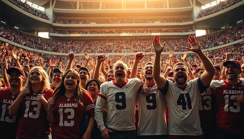 A passionate crowd of Alabama cult heroes fans, their faces alight with fervent adoration, stand united in a stadium bathed in a warm, golden glow. In the foreground, a group of fans proudly display their cherished jerseys and memorabilia, each item a totem of their unwavering loyalty. In the middle ground, the crowd surges with energy, hands raised in unison, their collective roar echoing through the stands. The background reveals the iconic architecture of the stadium, its grandeur a testament to the deep-rooted traditions and the enduring spirit of Alabama's most dedicated supporters. The scene captures the profound emotional connection between the fans and their beloved cult heroes, a bond that transcends the boundaries of the game and becomes a unifying force within the community. A passionate crowd of Alabama cult heroes fans, their faces alight with fervent adoration, stand united in a stadium bathed in a warm, golden glow. In the foreground, a group of fans proudly display their cherished jerseys and memorabilia, each item a totem of their unwavering loyalty. In the middle ground, the crowd surges with energy, hands raised in unison, their collective roar echoing through the stands. The background reveals the iconic architecture of the stadium, its grandeur a testament to the deep-rooted traditions and the enduring spirit of Alabama's most dedicated supporters. The scene captures the profound emotional connection between the fans and their beloved cult heroes, a bond that transcends the boundaries of the game and becomes a unifying force within the community.