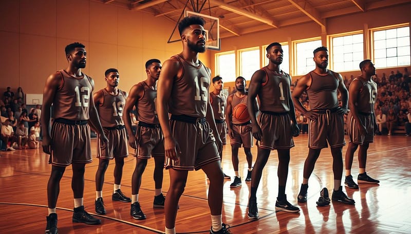 A team of pioneering basketball players, their faces etched with determination, stand resolute on a hardwood court bathed in warm, golden light. In the foreground, their muscular frames are captured in a dramatic low-angle shot, conveying their power and athleticism. The middle ground features the players in fluid, graceful motion, their movements frozen in time, as they execute precision plays. In the background, a crowd of spectators cheers, their silhouettes adding depth and energy to the scene. The overall mood is one of historic significance, a moment when these trailblazers shaped the future of the sport through their skill, passion, and unwavering spirit. A team of pioneering basketball players, their faces etched with determination, stand resolute on a hardwood court bathed in warm, golden light. In the foreground, their muscular frames are captured in a dramatic low-angle shot, conveying their power and athleticism. The middle ground features the players in fluid, graceful motion, their movements frozen in time, as they execute precision plays. In the background, a crowd of spectators cheers, their silhouettes adding depth and energy to the scene. The overall mood is one of historic significance, a moment when these trailblazers shaped the future of the sport through their skill, passion, and unwavering spirit.
