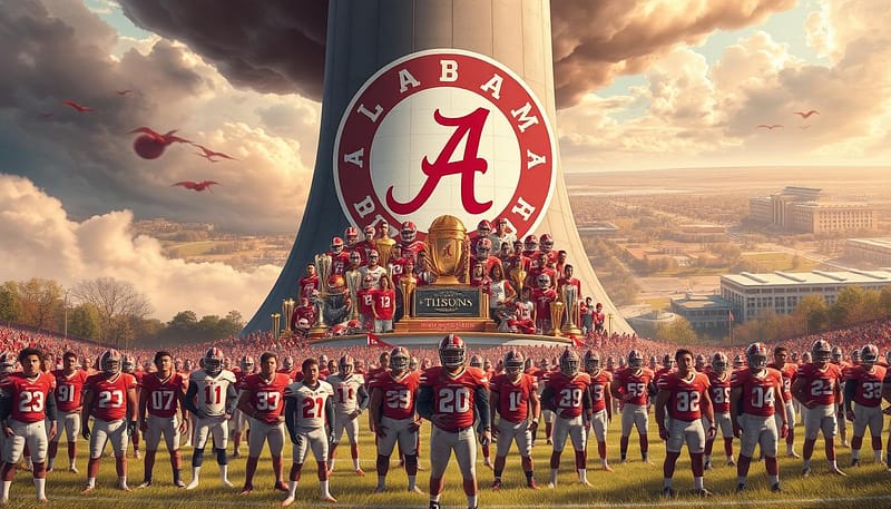 An awe-inspiring illustration of Alabama's recruiting dominance, with a towering Crimson Tide emblem casting an imposing shadow over a field of determined recruits. In the foreground, a group of talented young athletes stand resolute, their expressions conveying a mix of ambition and reverence for the storied program. The middle ground features a collage of championship trophies, helmets, and jerseys, symbolizing the rich legacy that draws top prospects to Tuscaloosa. In the distant background, a panoramic view of the university's iconic stadium and sprawling campus, reinforcing the scale and prestige of the Alabama football empire. Bathed in a warm, golden light, the scene exudes a sense of tradition, excellence, and the unstoppable allure of the Crimson Tide. An awe-inspiring illustration of Alabama's recruiting dominance, with a towering Crimson Tide emblem casting an imposing shadow over a field of determined recruits. In the foreground, a group of talented young athletes stand resolute, their expressions conveying a mix of ambition and reverence for the storied program. The middle ground features a collage of championship trophies, helmets, and jerseys, symbolizing the rich legacy that draws top prospects to Tuscaloosa. In the distant background, a panoramic view of the university's iconic stadium and sprawling campus, reinforcing the scale and prestige of the Alabama football empire. Bathed in a warm, golden light, the scene exudes a sense of tradition, excellence, and the unstoppable allure of the Crimson Tide.