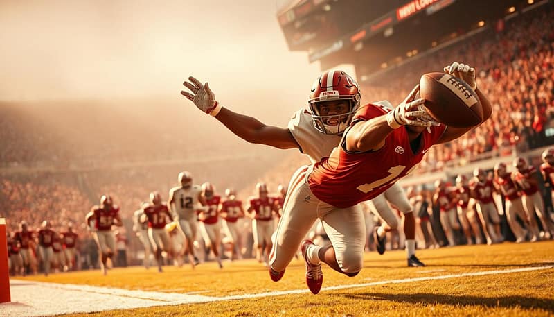 An intense, action-packed scene of a triumphant Alabama football game-winning moment. In the foreground, a player in crimson and white jersey makes a dramatic dive towards the end zone, the football stretched out in their outstretched arm. Behind them, teammates rush to celebrate the game-changing play, their faces etched with determination and joy. The stadium crowd, bathed in warm, golden lighting, roars with excitement, creating a palpable atmosphere of ecstasy and pride. The camera captures the play from a dynamic, low angle, emphasizing the heroic, larger-than-life nature of the moment. Crisp, detailed textures and a cinematic depth of field bring this pivotal, legacy-defining play to life. An intense, action-packed scene of a triumphant Alabama football game-winning moment. In the foreground, a player in crimson and white jersey makes a dramatic dive towards the end zone, the football stretched out in their outstretched arm. Behind them, teammates rush to celebrate the game-changing play, their faces etched with determination and joy. The stadium crowd, bathed in warm, golden lighting, roars with excitement, creating a palpable atmosphere of ecstasy and pride. The camera captures the play from a dynamic, low angle, emphasizing the heroic, larger-than-life nature of the moment. Crisp, detailed textures and a cinematic depth of field bring this pivotal, legacy-defining play to life.