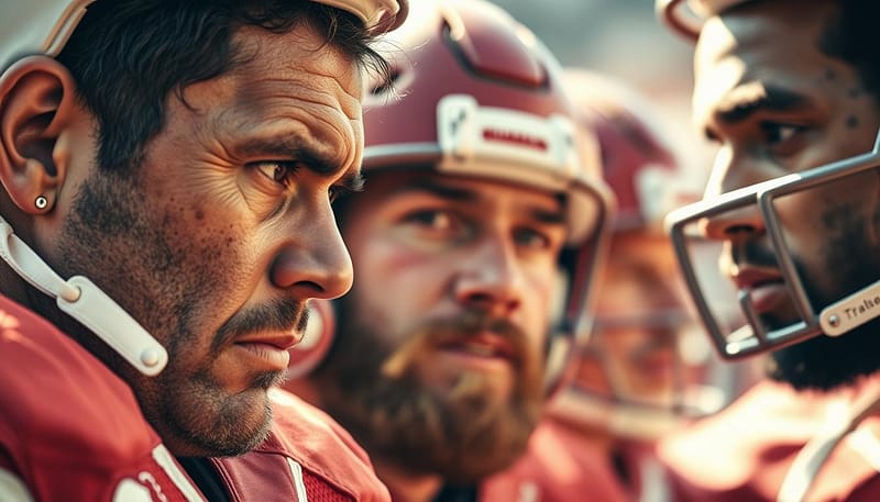 Underdog Alabama football heroes, grit and determination on full display. A close-up portrait capturing the passion and perseverance of these fan favorites, their faces etched with the hard-won lessons of the gridiron. Soft natural lighting illuminates their weathered features, conveying the weight of their struggles and triumphs. The background fades into a warm, nostalgic sepia tone, evoking the timeless lore of the Crimson Tide. The viewer is drawn into the intimate moment, feeling the camaraderie and shared pride of the Alabama faithful. This is the essence of the greatest fan interactions - the unbreakable bond between the team and its devoted supporters, forged through the crucible of competition. Underdog Alabama football heroes, grit and determination on full display. A close-up portrait capturing the passion and perseverance of these fan favorites, their faces etched with the hard-won lessons of the gridiron. Soft natural lighting illuminates their weathered features, conveying the weight of their struggles and triumphs. The background fades into a warm, nostalgic sepia tone, evoking the timeless lore of the Crimson Tide. The viewer is drawn into the intimate moment, feeling the camaraderie and shared pride of the Alabama faithful. This is the essence of the greatest fan interactions - the unbreakable bond between the team and its devoted supporters, forged through the crucible of competition.