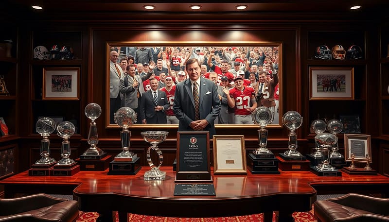A beautifully detailed tribute display dedicated to Nick Saban, set within the interior of a luxurious trophy room. In the foreground, a polished cherry wood table with a collection of prestigious awards, including crystal trophies and framed accolades, illuminated by soft, warm lighting. In the middle background, a wall adorned with photographs capturing Saban's coaching milestones, showcasing him in professional attire surrounded by jubilant players and fans. The atmosphere conveys reverence and admiration, enhanced by spotlights highlighting each trophy. Subtle textures of leather and dark wood evoke a sense of tradition and honor. The image captures a sense of legacy, respect, and pride, conveying the essence of the tributes without any text or distractions. A beautifully detailed tribute display dedicated to Nick Saban, set within the interior of a luxurious trophy room. In the foreground, a polished cherry wood table with a collection of prestigious awards, including crystal trophies and framed accolades, illuminated by soft, warm lighting. In the middle background, a wall adorned with photographs capturing Saban's coaching milestones, showcasing him in professional attire surrounded by jubilant players and fans. The atmosphere conveys reverence and admiration, enhanced by spotlights highlighting each trophy. Subtle textures of leather and dark wood evoke a sense of tradition and honor. The image captures a sense of legacy, respect, and pride, conveying the essence of the tributes without any text or distractions.