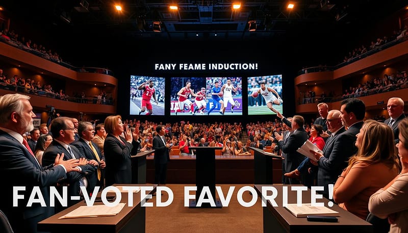 A dynamic debate scene illustrating the "Fan-Voted Favorites" Hall of Fame induction. In the foreground, a diverse panel of enthusiastic fans, dressed in professional business attire and modest casual clothing, passionately discussing their favorite athletes from Alabama football and basketball. The middle ground features a large digital display showcasing iconic moments from both sports, with vibrant images of legendary players. The background includes a packed auditorium filled with excited supporters, holding signs and memorabilia. The lighting is warm and inviting, with soft spotlights accentuating the panel and central display. The lens captures a slightly elevated angle, creating an engaging and lively atmosphere, evoking a sense of community and passion for sports history. A dynamic debate scene illustrating the "Fan-Voted Favorites" Hall of Fame induction. In the foreground, a diverse panel of enthusiastic fans, dressed in professional business attire and modest casual clothing, passionately discussing their favorite athletes from Alabama football and basketball. The middle ground features a large digital display showcasing iconic moments from both sports, with vibrant images of legendary players. The background includes a packed auditorium filled with excited supporters, holding signs and memorabilia. The lighting is warm and inviting, with soft spotlights accentuating the panel and central display. The lens captures a slightly elevated angle, creating an engaging and lively atmosphere, evoking a sense of community and passion for sports history.