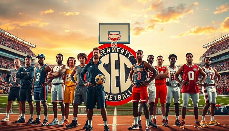 A dynamic scene showcasing legendary SEC basketball and football athletes from different eras, positioned in a collage format. In the foreground, a diverse group of athletes in professional athletic wear stand confidently, embodying their sports' spirit. The middle layer features iconic moments from basketball and football games, with a basketball hoop and goal post subtly integrated. The background includes a vibrant stadium filled with cheering fans, under a sunset sky that creates a warm, nostalgic atmosphere. Use dramatic lighting to highlight the athletes, capturing the essence of their achievements and legacy. A slight depth of field focus enhances the subjects while blurring the background slightly, evoking a sense of historic significance and honor. A dynamic scene showcasing legendary SEC basketball and football athletes from different eras, positioned in a collage format. In the foreground, a diverse group of athletes in professional athletic wear stand confidently, embodying their sports' spirit. The middle layer features iconic moments from basketball and football games, with a basketball hoop and goal post subtly integrated. The background includes a vibrant stadium filled with cheering fans, under a sunset sky that creates a warm, nostalgic atmosphere. Use dramatic lighting to highlight the athletes, capturing the essence of their achievements and legacy. A slight depth of field focus enhances the subjects while blurring the background slightly, evoking a sense of historic significance and honor.