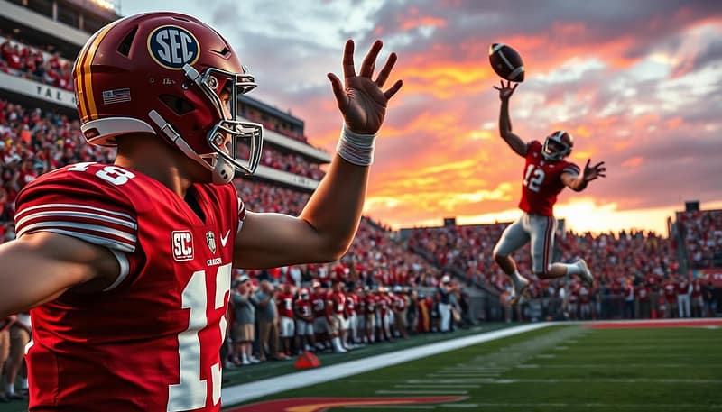 An electrifying SEC football moment, featuring a quarterback in a crimson jersey making a game-winning touchdown pass, surrounded by exuberant fans in the stands adorned with team colors. In the foreground, capture the intense focus of the quarterback, muscles tensed, eyes locked on the receiver. In the middle ground, depict the receiver leaping to catch the ball, perfectly framed against the backdrop of a vibrant sunset glowing over the stadium. The crowd erupts with joy, their faces a mix of exhilaration and disbelief. Use dramatic lighting to highlight the players and enhance the feeling of suspense. The image should convey a sense of triumph and athletic excellence, showcasing the rich legacy of SEC football. An electrifying SEC football moment, featuring a quarterback in a crimson jersey making a game-winning touchdown pass, surrounded by exuberant fans in the stands adorned with team colors. In the foreground, capture the intense focus of the quarterback, muscles tensed, eyes locked on the receiver. In the middle ground, depict the receiver leaping to catch the ball, perfectly framed against the backdrop of a vibrant sunset glowing over the stadium. The crowd erupts with joy, their faces a mix of exhilaration and disbelief. Use dramatic lighting to highlight the players and enhance the feeling of suspense. The image should convey a sense of triumph and athletic excellence, showcasing the rich legacy of SEC football.