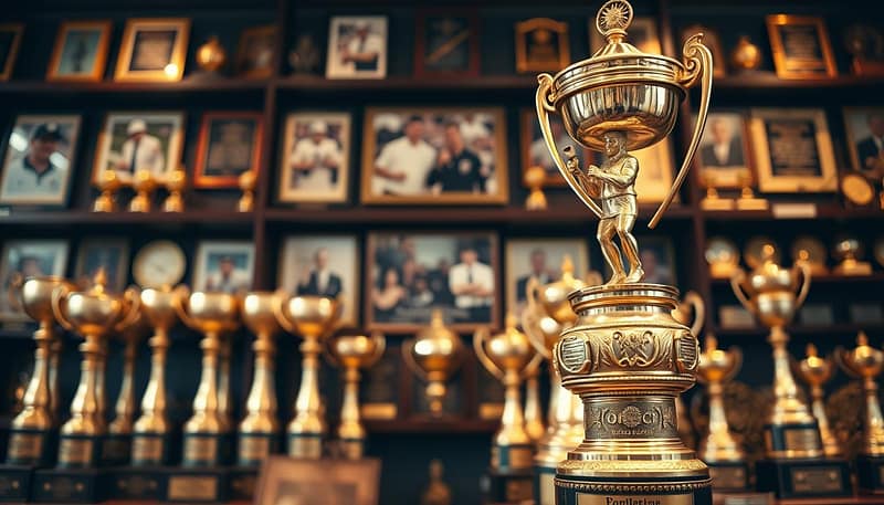 An elegant trophy room filled with a prestigious collection of coaching trophies, each one symbolizing excellence in sports leadership. In the foreground, focus on a beautifully crafted gold trophy with intricate details, showcasing a figure of a coach holding a whistle, encircled by smaller trophies representing various sports. In the middle ground, a wall adorned with framed photos of legendary coaches in action, capturing moments of triumph and teamwork. The background features shelves filled with awards and plaques, lit by soft, warm lighting that creates a serene yet celebratory atmosphere. A shallow depth of field centers attention on the trophies while softly blurring the background. The mood is inspirational and reflective, celebrating the art of coaching and its impact on sports. An elegant trophy room filled with a prestigious collection of coaching trophies, each one symbolizing excellence in sports leadership. In the foreground, focus on a beautifully crafted gold trophy with intricate details, showcasing a figure of a coach holding a whistle, encircled by smaller trophies representing various sports. In the middle ground, a wall adorned with framed photos of legendary coaches in action, capturing moments of triumph and teamwork. The background features shelves filled with awards and plaques, lit by soft, warm lighting that creates a serene yet celebratory atmosphere. A shallow depth of field centers attention on the trophies while softly blurring the background. The mood is inspirational and reflective, celebrating the art of coaching and its impact on sports.