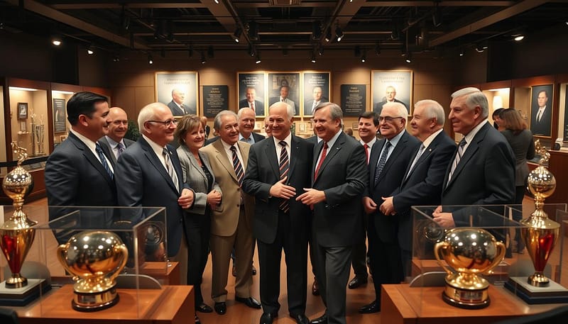 A group of championship coaches, composed of diverse men and women in professional business attire, standing together in a prestigious Hall of Fame setting. In the foreground, the coaches exhibit proud, confident expressions as they interact, sharing stories with one another. The middle ground features elegant displays of trophies and memorabilia, symbolizing their successes. The background reveals a beautifully lit hall, with spotlights shining down on portraits and banners celebrating their community impact. The atmosphere is warm and inspirational, with soft ambient lighting creating a sense of camaraderie and respect. Use a wide-angle lens to capture the depth of the scene and emphasize the importance of these figures in sports and community. A group of championship coaches, composed of diverse men and women in professional business attire, standing together in a prestigious Hall of Fame setting. In the foreground, the coaches exhibit proud, confident expressions as they interact, sharing stories with one another. The middle ground features elegant displays of trophies and memorabilia, symbolizing their successes. The background reveals a beautifully lit hall, with spotlights shining down on portraits and banners celebrating their community impact. The atmosphere is warm and inspirational, with soft ambient lighting creating a sense of camaraderie and respect. Use a wide-angle lens to capture the depth of the scene and emphasize the importance of these figures in sports and community.