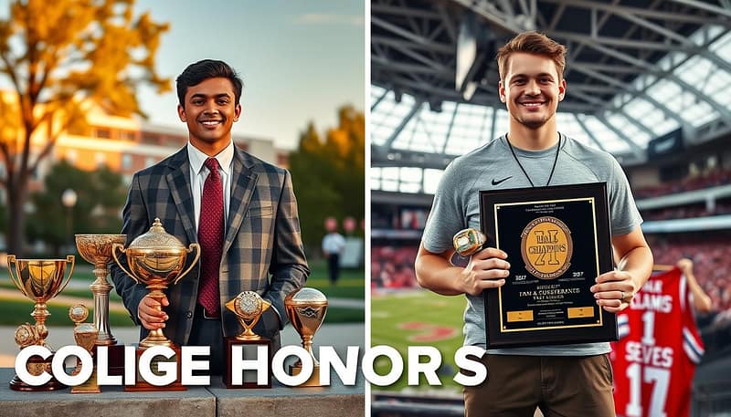 A split-image visualization contrasting college honors and professional achievements, featuring two distinct sections. On the left side, a collegiate athlete in professional business attire stands proudly beside trophies and awards, showcasing their college achievements such as All-Conference selections, team captains, and academic honors. The background features a university campus with warm afternoon lighting, emphasizing the growth and ambition of student life. On the right side, the same athlete, now in modest casual clothing, holds a Hall of Fame plaque surrounded by professional accolades like championship rings and team jerseys. The background shifts to a modern sports arena, highlighting the transition from college to professional levels. The overall atmosphere is inspiring and motivational, emphasizing the dedication and hard work required to achieve both collegiate and professional success. A split-image visualization contrasting college honors and professional achievements, featuring two distinct sections. On the left side, a collegiate athlete in professional business attire stands proudly beside trophies and awards, showcasing their college achievements such as All-Conference selections, team captains, and academic honors. The background features a university campus with warm afternoon lighting, emphasizing the growth and ambition of student life. On the right side, the same athlete, now in modest casual clothing, holds a Hall of Fame plaque surrounded by professional accolades like championship rings and team jerseys. The background shifts to a modern sports arena, highlighting the transition from college to professional levels. The overall atmosphere is inspiring and motivational, emphasizing the dedication and hard work required to achieve both collegiate and professional success.