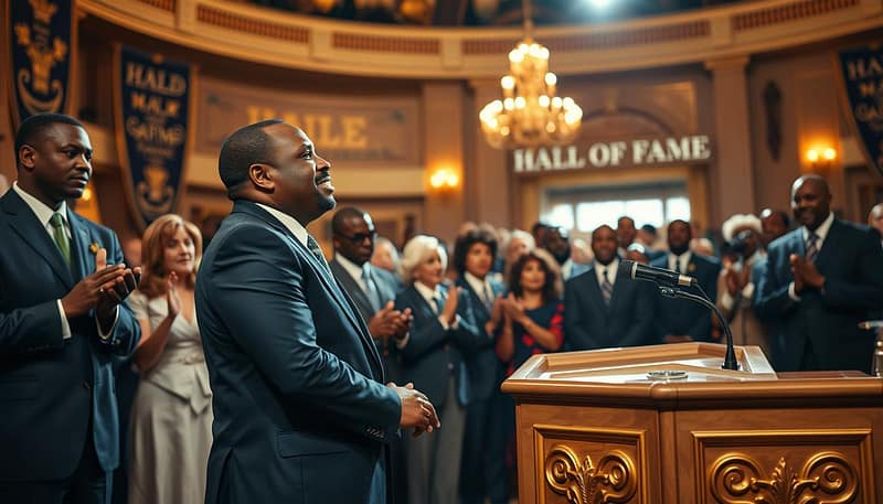 A captivating scene of a prestigious Hall of Fame induction ceremony in Alabama, focusing on a group of diverse individuals standing at an elegant podium adorned with gold accents. In the foreground, a middle-aged African American man in a tailored navy suit passionately delivers his legendary speech, exuding charisma and emotion. The middle ground features a captivated audience, including people of various ages and backgrounds, clapping and listening intently against a backdrop of banners and warm, dimmed lights. In the background, the venue's ornate architecture is gently illuminated, contributing to a celebratory atmosphere. Soft spotlighting highlights the speaker, creating a focus on his inspiring moment. The overall mood is one of reverence and nostalgia, encapsulating the essence of unforgettable speeches that celebrate achievements and legacy. A captivating scene of a prestigious Hall of Fame induction ceremony in Alabama, focusing on a group of diverse individuals standing at an elegant podium adorned with gold accents. In the foreground, a middle-aged African American man in a tailored navy suit passionately delivers his legendary speech, exuding charisma and emotion. The middle ground features a captivated audience, including people of various ages and backgrounds, clapping and listening intently against a backdrop of banners and warm, dimmed lights. In the background, the venue's ornate architecture is gently illuminated, contributing to a celebratory atmosphere. Soft spotlighting highlights the speaker, creating a focus on his inspiring moment. The overall mood is one of reverence and nostalgia, encapsulating the essence of unforgettable speeches that celebrate achievements and legacy.