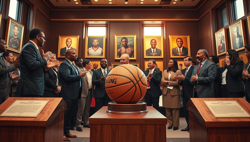 A dynamic scene in a prestigious hall of fame, featuring a polished wooden pedestal holding a basketball adorned with gold accents, symbolizing the legacy of influential athletes. In the foreground, diverse individuals in professional business attire engage in animated discussions, showcasing their impact off the court, with gestures highlighting their passion and commitment. The middle ground reveals framed portraits of notable alumni with golden plaques honoring their achievements, reflecting the rich history of Bama’s basketball trailblazers. The background features tall glass windows filtering warm, natural light, creating an uplifting atmosphere that signifies inspiration and success. The mood is celebratory and reverent, ideal for illustrating the profound influence these athletes possess beyond their sports careers. The angle captures the depth of the venue, drawing the viewer into a vibrant celebration of community and leadership. A dynamic scene in a prestigious hall of fame, featuring a polished wooden pedestal holding a basketball adorned with gold accents, symbolizing the legacy of influential athletes. In the foreground, diverse individuals in professional business attire engage in animated discussions, showcasing their impact off the court, with gestures highlighting their passion and commitment. The middle ground reveals framed portraits of notable alumni with golden plaques honoring their achievements, reflecting the rich history of Bama’s basketball trailblazers. The background features tall glass windows filtering warm, natural light, creating an uplifting atmosphere that signifies inspiration and success. The mood is celebratory and reverent, ideal for illustrating the profound influence these athletes possess beyond their sports careers. The angle captures the depth of the venue, drawing the viewer into a vibrant celebration of community and leadership.